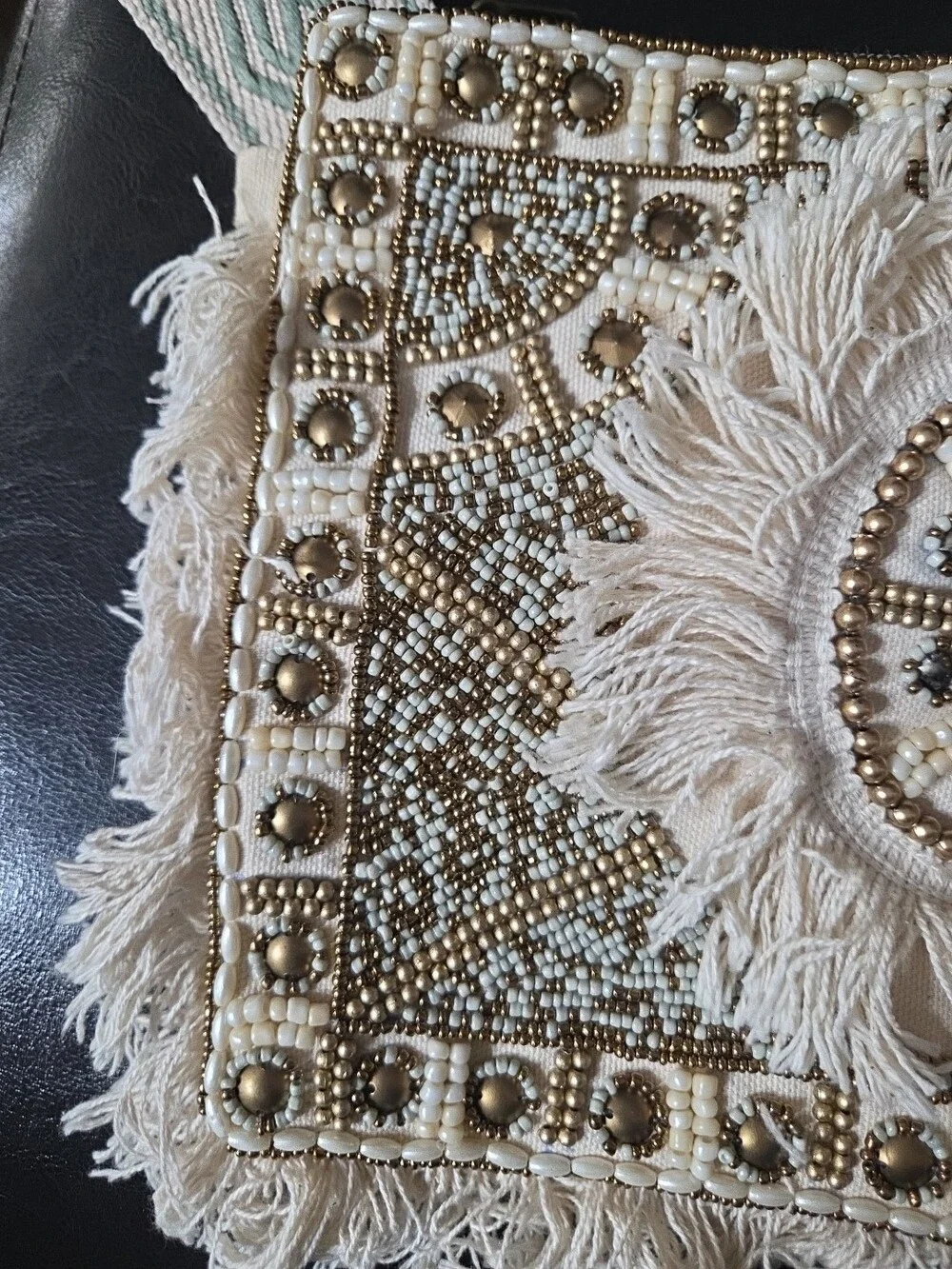Boho Beaded Fringe Crossbody Bag Cream Gold Pearl - Used